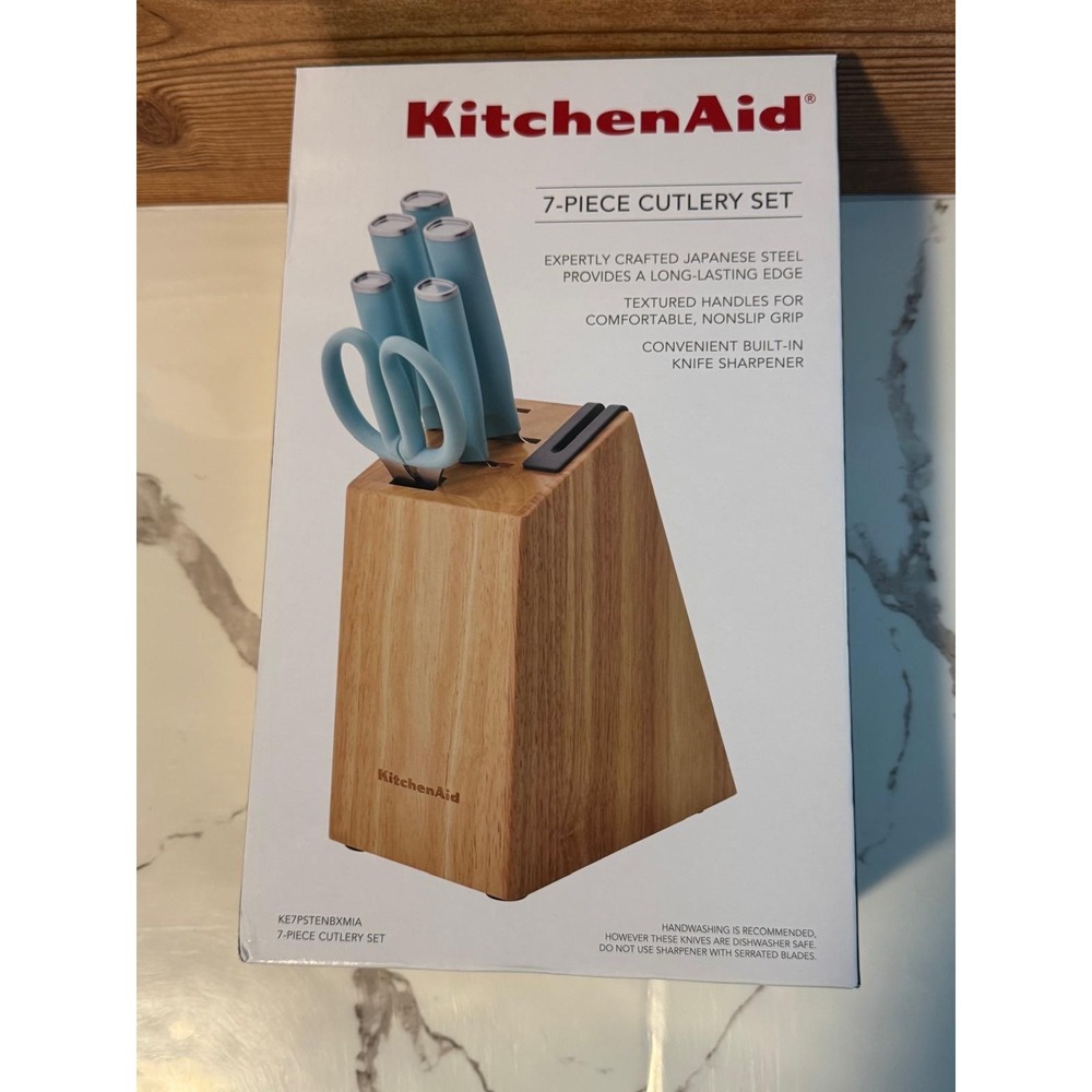 KitchenAid 7 Piece Cutlery Set Japanese Steel Blue Knives Block